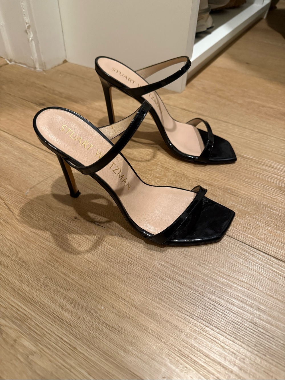 Stuart Weitzman Aleena 100 Black Patent Leather Sandals